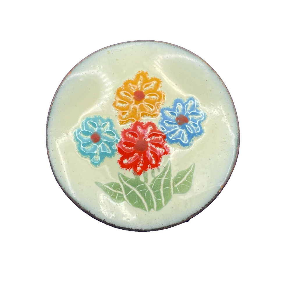 Vintage Colorful Enamel Wavey Copper Pin 1.5" Round Unsigned Floral Brooch MCM - Picture 9 of 9